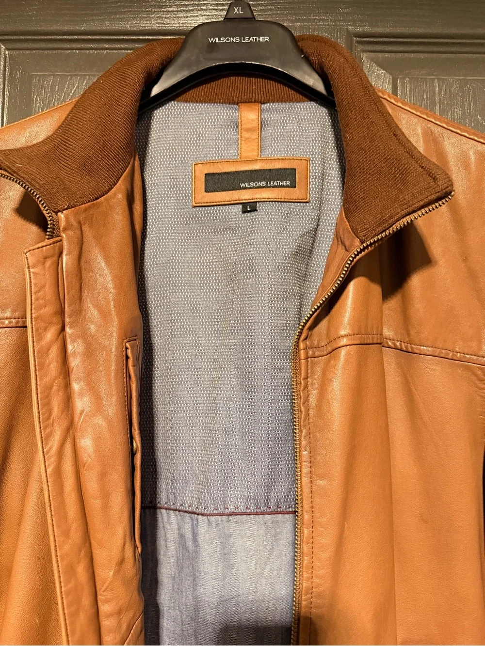 Wilsons Leather Brown Bomber Jacket with Light Blue Lining